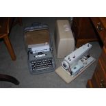 REMINGTON TYPEWRITER IN CASE, TOGETHER WITH AN ELECRIC SEWING MACHINE IN CASE
