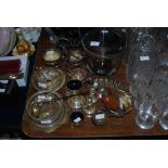 ASSORTED EP WARES INCLUDING ICE PAIL, BOTTLE STANDS, SUGAR AND CREAM, WHITE METAL TODDY LADLE, CRUET
