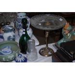 BRONZED ART NOUVEAU STYLE COMPORT WITH GLASS TRAY, TOGETHER WITH A GREEN TINTED DECANTER AND