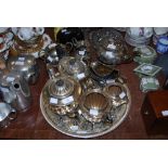 THREE X THREE PIECE EP TEA SETS, TOGETHER WITH AN EP CIRCULAR GALLERY TRAY