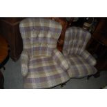 PAIR OF REPRODUCTION VICTORIAN STYLE HIS & HERS BUTTON BACK LOUNGE EASY CHAIRS WITH TARTAN