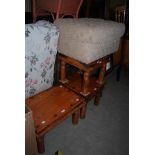 THREE STAINED PINE AND STUDDED OCCASIONAL TABLES, TOGETHER WITH AN UPHOLSTERED POUFFEE