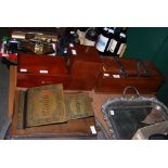 TWO STAINED MAHOGANY TRINKET BOXES, TOGETHER WITH AN OAK LETTER AND PAPER RACK AND A STAINED