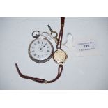 CONTINENTAL SILVER CASED OPEN FACED POCKET WATCH WITH WHITE ROMAN NUMERAL DIAL, TOGETHER WITH A