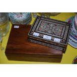 WALNUT TRINKET BOX WITH BRASS PLAQUE, TOGETHER WITH AN EASTERN TRINKET BOX