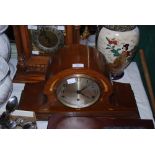 MAHOGANY INLAID MANTEL CLOCK WITH SILVERED DIAL