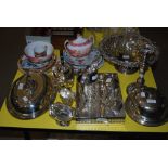 ASSORTED EP WARES INCLUDING THREE PIECE DECO STYLE TEA SERVICE, ENTREE DISHES AND COVERS, MUFFIN