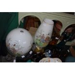 ASSORTED GLASSWARE INCLUDING TRANSFER PRINTED GLASS GLOBE SHADE AND MATCHING TABLE LAMP, ART GLASS