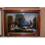 LATE 19TH CENTURY REVERSE PAINTING ON GLASS - RIVER SCENE WITH BRIDGE, CHAPEL AND COTTAGE