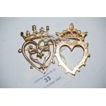 TWO 9CT GOLD SCOTTISH HEART SHAPED BROOCHES, BOTH WITH CORONET SURMOUNTS, 15.6 GRAMS