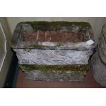 PAIR OF RECONSTITUTED STONE RECTANGULAR SHAPED TROUGHS DECORATED WITH FIGURES