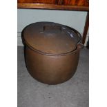 STEEL CAULDRON PAN WITH WROUGHT IRON HANDLE, TOGETHER WITH A BRASS PAN AND COVER