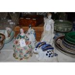 ASSORTED CERAMICS INCLUDING TWO CONTINENTAL PORCELAIN FIGURES OF LADIES, RUSSIAN ANIMAL ORNAMENT,