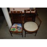 EDWARDIAN MAHOGANY INLAID ARMCHAIR WITH CIRCULAR STUFFOVER SEAT, ON TURNED LEGS, TOGETHER WITH AN