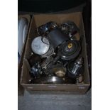 BOX - ASSORTED EP WARES INCLUDING TEA POTS, TOAST RACKS, BOTTLE STANDS, TANKARDS, FLATWARE, ETC.