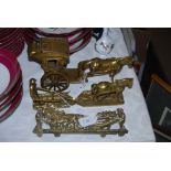 PAIR OF BRASS DOOR STOPS IN THE FORM OF HORSES, TOGETHER WITH TWO BRASS ORNAMENTS OF HORSE AND
