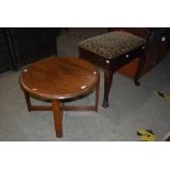 OAK CIRCULAR COFFEE TABLE WITH CROSS STRETCHER, TOGETHER WITH AN EARLY 20TH CENTURY MAHOGANY
