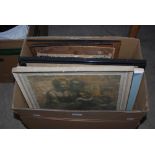 BOX - ASSORTED FRAMED PRINTS, UNFRAMED OIL PAINTINGS, FRAMED BLACK AND WHITE ETCHING OF LEVEN