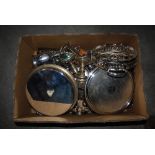 BOX - ASSORTED EP WARE INCLUDING CIRCULAR TRAYS, CANDLESTICKS, GOBLETS, TOAST RACK, ETC.