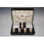 BIRMINGHAM SILVER MOUNTED AYNSLEY CHINA BLACK, WHITE AND GILT SIX PIECE COFFEE SET IN ORIGINAL