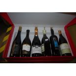 TWO RED CARDBOARD PRESENTATION BOXES, BOTH CONTAINING SIX HAND SELECTED BOTTLES OF ASSORTED WINE
