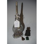 CLEAR GLASS AND WHITE METAL MOUNTED ROSE WATER SPRINKLER, MINIATURE BRONZE FIGURE OF BUDDHA ON LOTUS