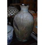 PAINTED TERRACOTTA OVOID SHAPED VASE DECORATED WITH CRANES AND MIXED FOLIAGE