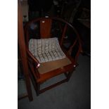 CHINESE CHERRYWOOD HORSESHOE SHAPED ARMCHAIR WITH UPHOLSTERED CUSHION