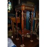 REPRODUCTION MAHOGANY AND GILT METAL MOUNTED SQUARE SHAPED JARDINIERE STAND WITH MARBLE INSERT TOP