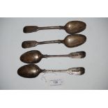 SET OF FOUR LONDON SILVER FIDDLE PATTERN TEASPOONS WITH ENGRAVED ARMORIAL OF STAG