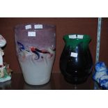 MONART GLASS VASE MOTTLED GREEN AND PURPLE, TOGETHER WITH A VASART GLASS VASE MOTTLED PURPLE AND