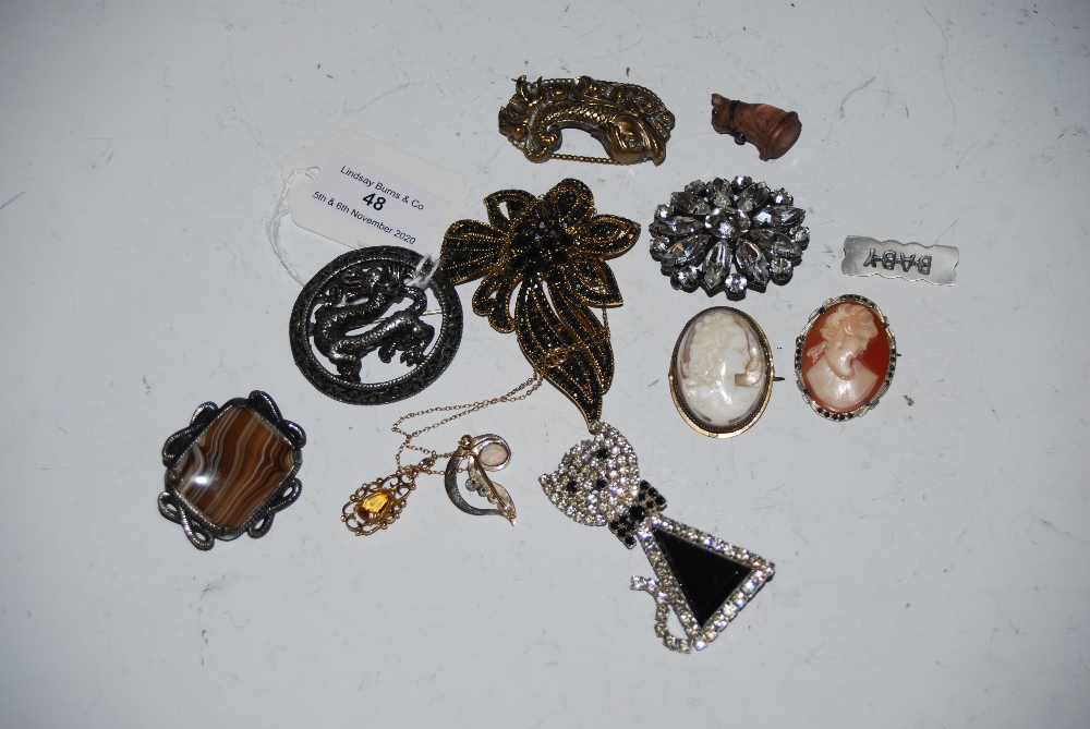 COLLECTION OF ASSORTED BROOCHES INCLUDING TWO CAMEO BROOCHES, YELLOW METAL BROOCH WITH OPAL,