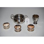 BIRMINGHAM SILVER SUGAR BOWL, SHEFFIELD SILVER EGG CUP, THREE SILVER NAPKIN RINGS