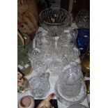 LARGE COLLECTION OF ASSORTED GLASSWARE INCLUDING STUART CRYSTAL WINE GOBLETS, CUT GLASS SUGAR AND