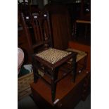 NEAR PAIR OF STRING TOP STOOLS, MAHOGANY BEDROOM CHAIR WITH STRING WORK SEAT, SMALL SQUARE