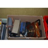 BOX - ASSORTED VINTAGE CAMERA EQUIPMENT TO INCLUDE MAHOGANY AND BRASS PLATE CAMERA, CASED PENTAX MV1