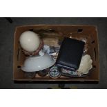 BOX - ASSORTED CERAMICS, SOAPSTONE TAZZA, CUTLERY, FLATWARE ETC