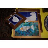 MOSAIC PICTURE OF A FISH, BLUE AND WHITE GLAZED POTTERY TILE DEPICTING A DOVE, BLUE AND WHITE GLAZED