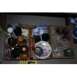 THREE BOXES - ASSORTED HOUSEHOLD ITEMS, CERAMICS, GLASS, OBJECTS ETC