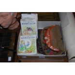 SMALL BOX - COLLECTION OF BEATRIX POTTER BOOKS, LEATHER FOLIO OF SCRAPS AND TWO EMBROIDERED