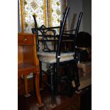 PAIR OF EDWARDIAN EBONISED SIDE CHAIRS WITH SIMULATED IVORY LINE DETAIL, SET WITH BLUE GROUND OVAL