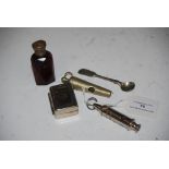 RUBY GLASS FACET CUT PERFUME BOTTLE WITH WHITE METAL MOUNTS, TOGETHER WITH TWO WHISTLES, MUSTARD