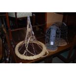 STRAW AND WIRE CONICAL SHAPED FLOWER HANGING BASKET, TOGETHER WITH TWO BIRD FEEDERS