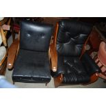 MID 20TH CENTURY TEAK ARMCHAIR BY BERESFORD & HICKS OF LONDON WITH BLACK LEATHERETTE UPHOLSTERED