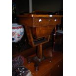 A 19TH CENTURY ROSEWOOD WORK TABLE WITH PULL OUT BAG, FACETTED COLUMN AND CONCAVE PLATFORM BASE,