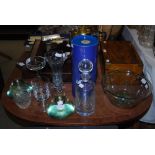 COLLECTION OF GLASSWARE INCLUDING A 19TH CENTURY SEPARATING BOWL, BOXED WEDGWOOD GLASS DECANTER
