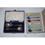 SET OF SIX DANISH STERLING SILVER AND ENAMELLED COFFEE SPOONS IN CASE, TOGETHER WITH A PAIR OF