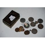 JAPANNED METAL RECTANGULAR BOX CONTAINING ASSORTED VICTORIAN AND LATER CROWNS, COINAGE, ETC.