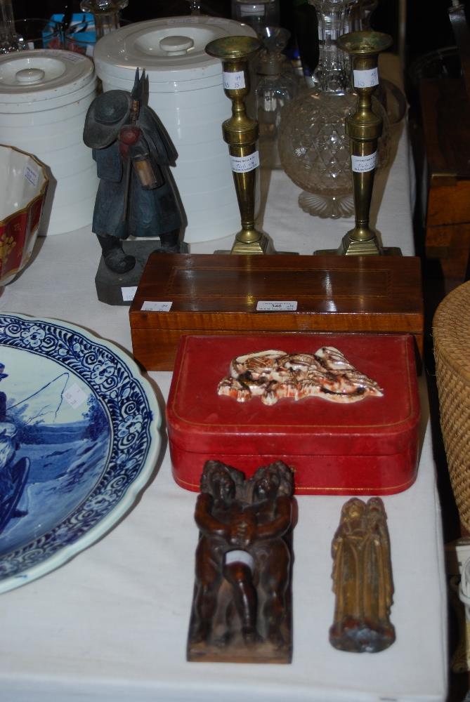 PAIR OF 19TH CENTURY BRASS CANDLESTICKS, A CARVED AND PAINTED WOOD FIGURE OF A NIGHT WATCHMAN,