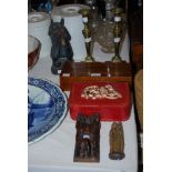 PAIR OF 19TH CENTURY BRASS CANDLESTICKS, A CARVED AND PAINTED WOOD FIGURE OF A NIGHT WATCHMAN,